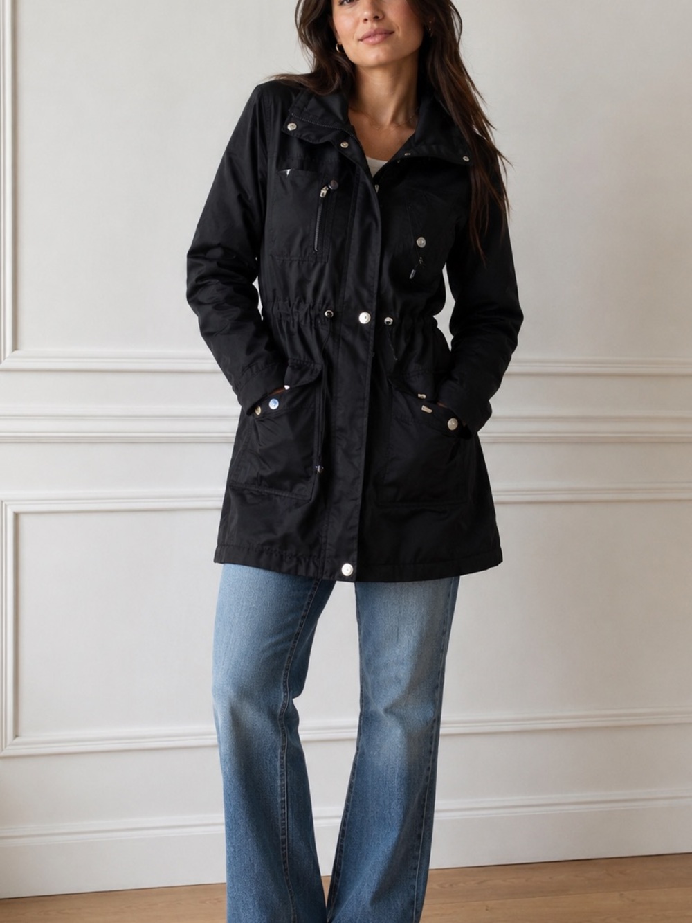 Betsey Johnson Black Raincoat Trench Coat Women’s Size Small Midi Jacket